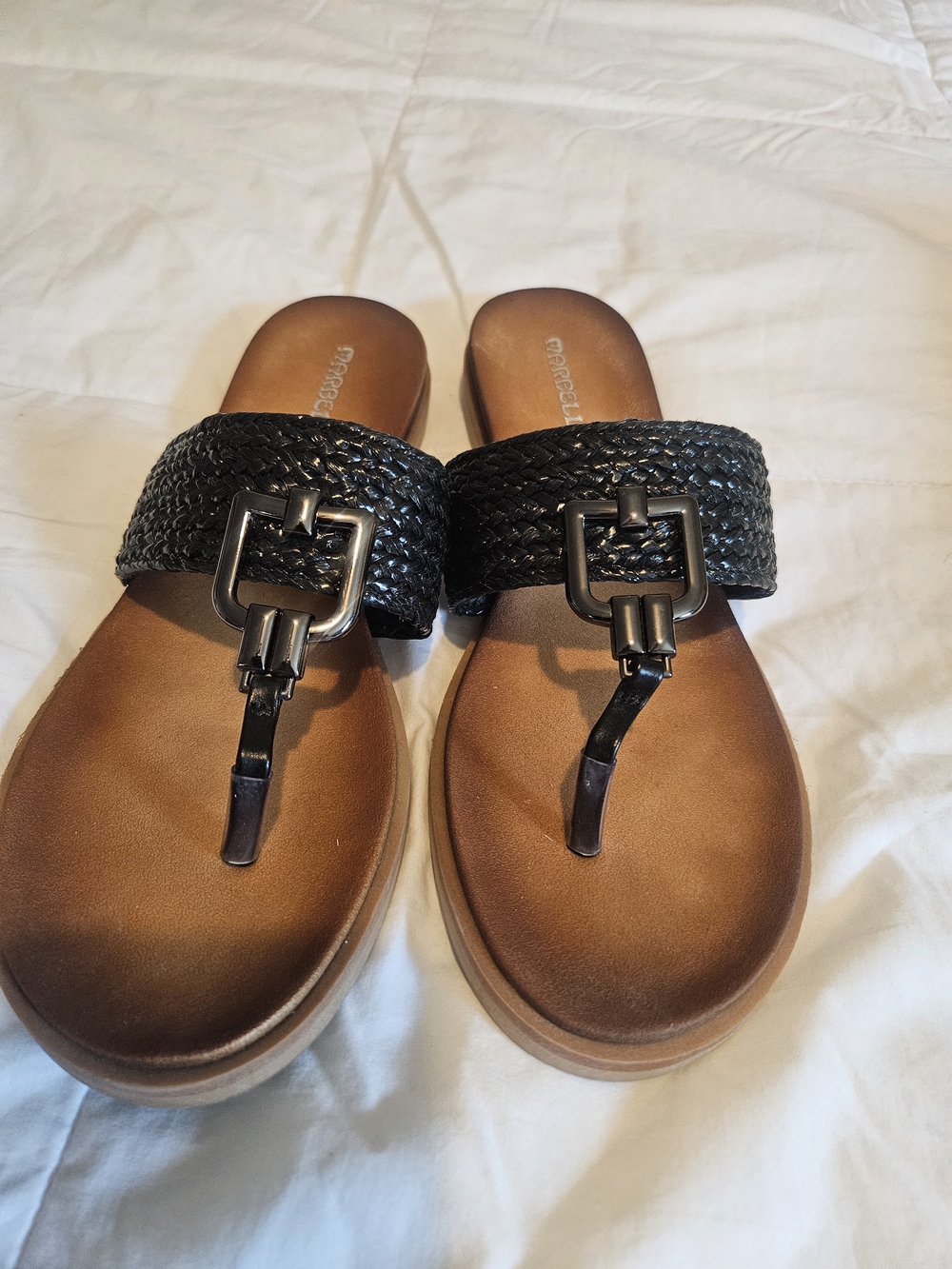 MARELLA Black Braided Leather Thong Sandals with Gunmetal Buckle